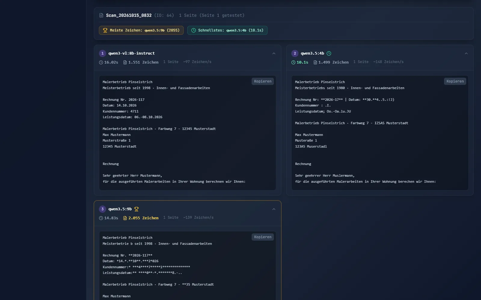 Drei lokale Modelle lesen denselben Scan im Vergleich