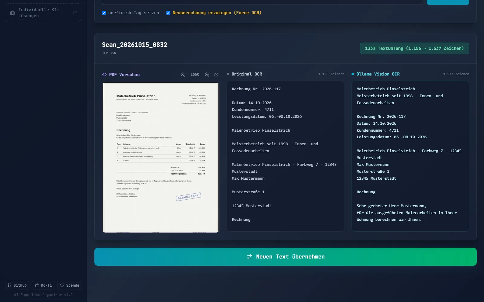 Texterkennung: Scan, alter Text aus Paperless und neuer Text vom lokalen Bildmodell nebeneinander