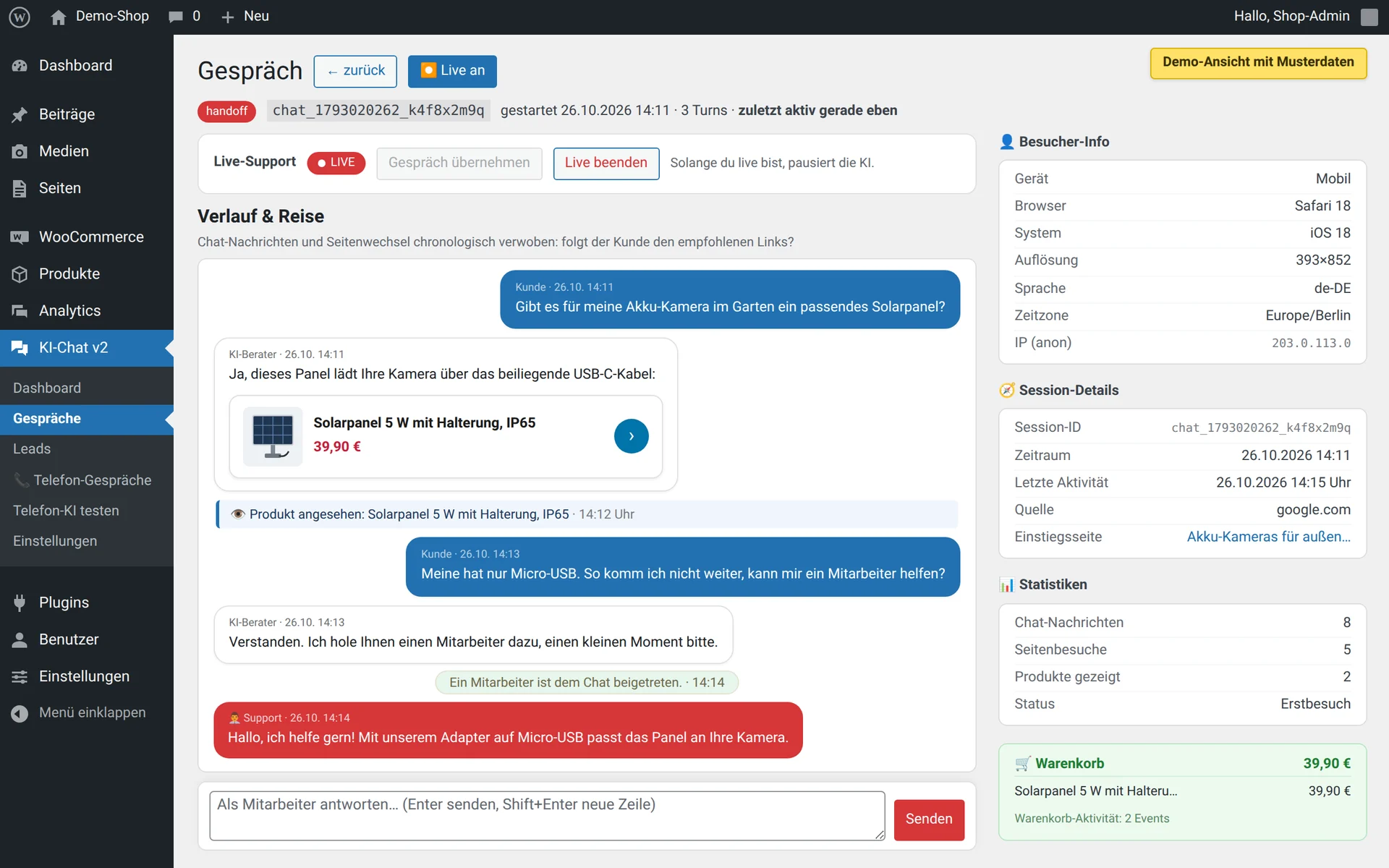 Demo-Ansicht eines Gesprächs: Der Kunde kommt nicht weiter, ein Mitarbeiter übernimmt live, die KI pausiert. Rechts Besucher-Info, Session-Details und Warenkorb
