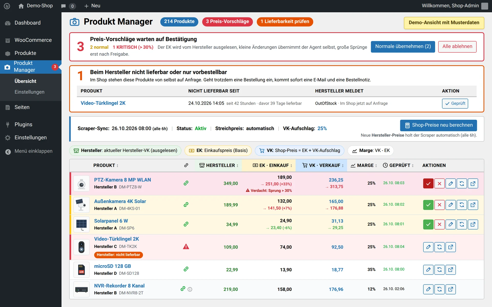 Demo-Ansicht des Preis-Agenten: offene Preisvorschläge mit Freigabe, nicht lieferbare Produkte, Produktliste mit Hersteller-Preis, Einkauf, Verkauf und Marge
