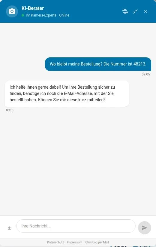 Chat fragt vor der Bestellauskunft nach der E-Mail-Adresse