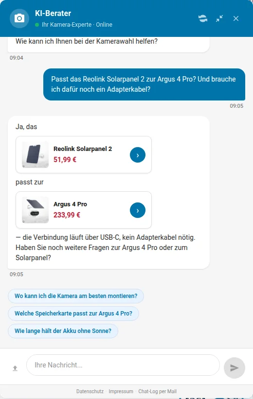 Chat bestätigt, dass ein Solarpanel zur Kamera passt und kein Adapterkabel nötig ist